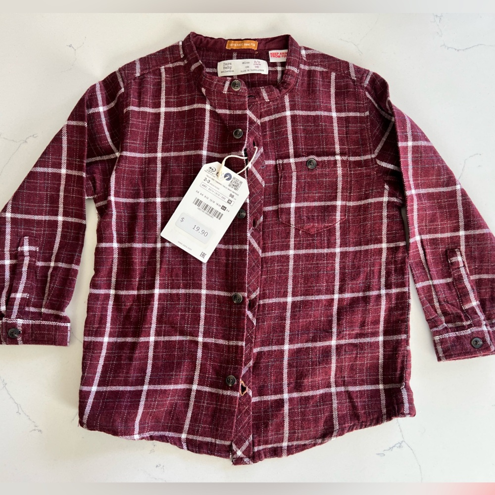 Zara Kids Burgundy Plaid Button Down Shirt